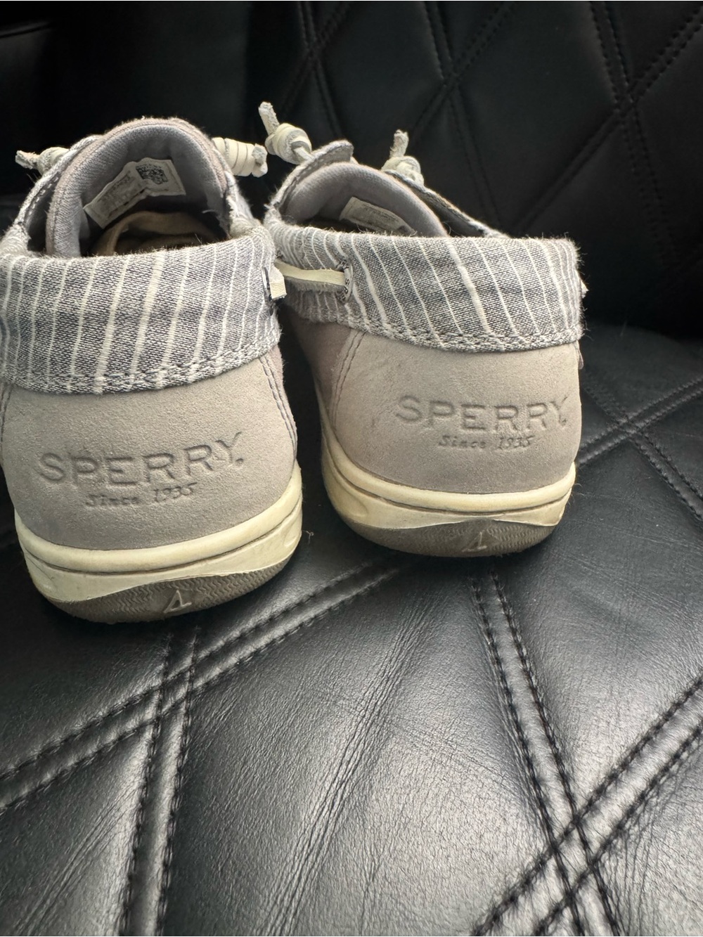 Sperry women’s Light Gray Suede Slip-On Sneakers with Striped Cuff